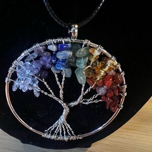 Multicolor Gemstone Tree of Life Necklace - Silver Wire